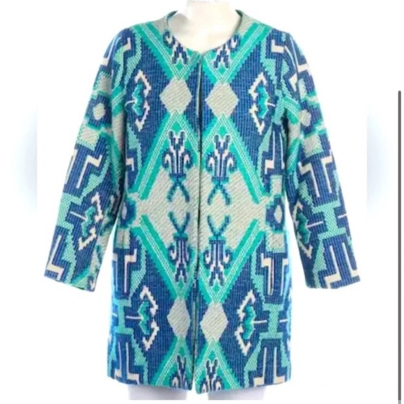 Maje Grenade Jacquard Jacket size S​ Blue and White Geometric Patterned Jacket​ - Picture 2 of 2